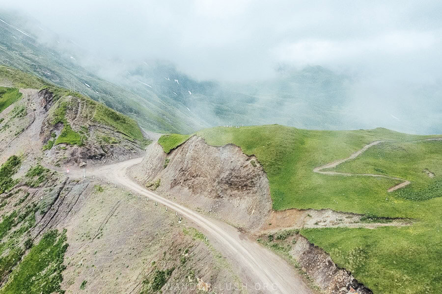 A drone photo of the Datvisjvari Pass, a high mountain pass on the Tbilisi-Shatili road.