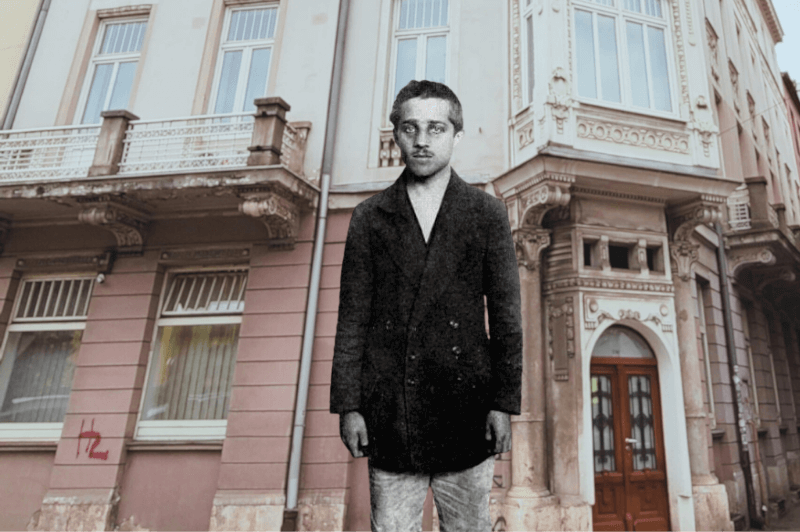 A photo of Gavrilo Princip over a background of a building in modern day Sarajevo