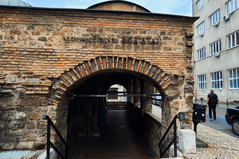 A photo of the domed brick building of the old bazaar in central Sarajevo Bosnia.