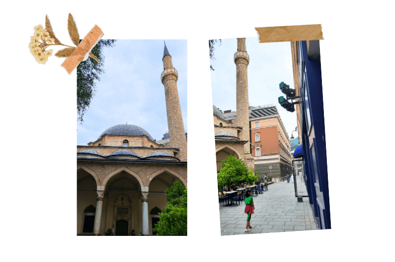 a photo of an old brick mosque in Sarajevo beside a photo of a girl dressed as an elf standing in front of it.