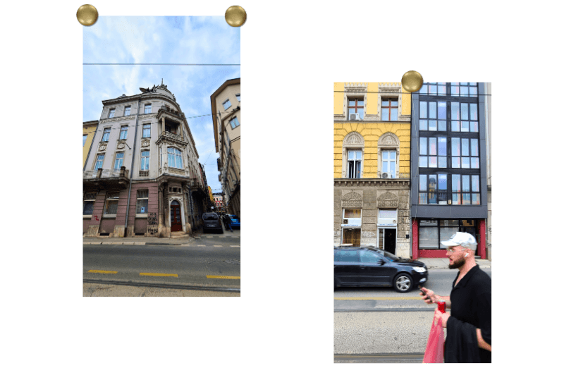 two photos of buildings in Sarajevo Bosnia. On the left is a Victorian style building, and the photo on the right is two row buildings. One is a mustard colored old fashioned style and the other is modern and glass.