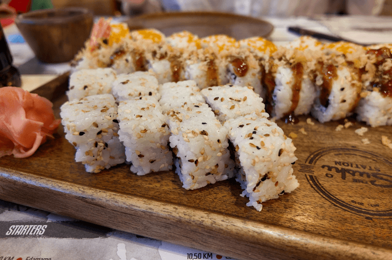 A wood platter of sushi at Sushi Station in Sarajevo.