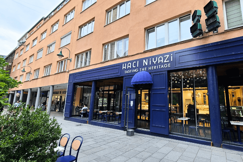 The freshly painted indigo colored facade of Haci Nivazi restaurant in downtown Sarajevo.