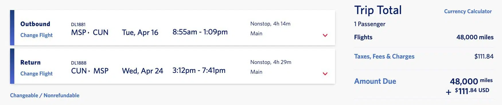 msp to cancun delta skymiles