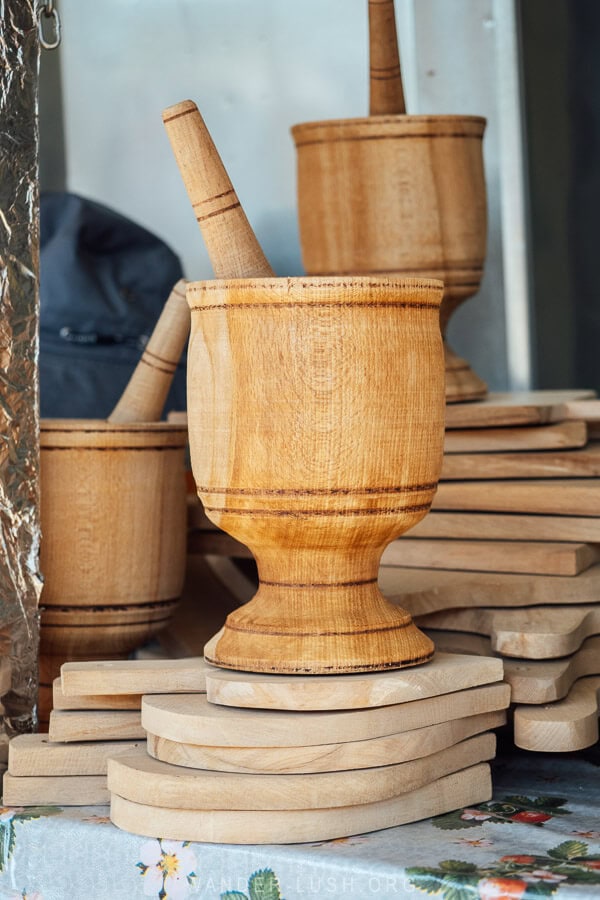 A hand carved mortar and pestle at the market in Bakhmaro, Georgia.