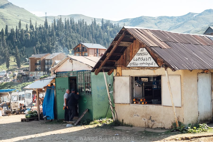 Wooden shops in the Bakhmaro market.