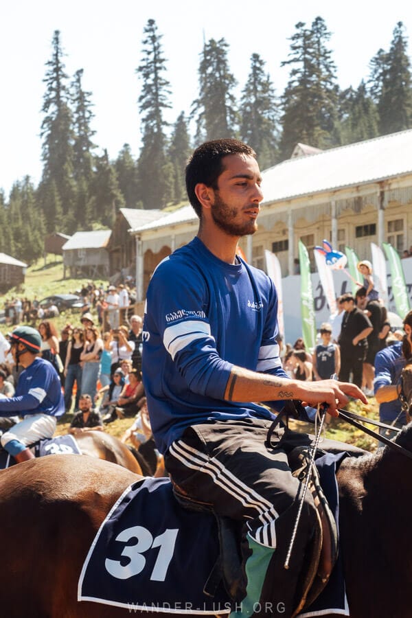 A jokey dressed in race gear at the Bakhmaro Cup in Guria.