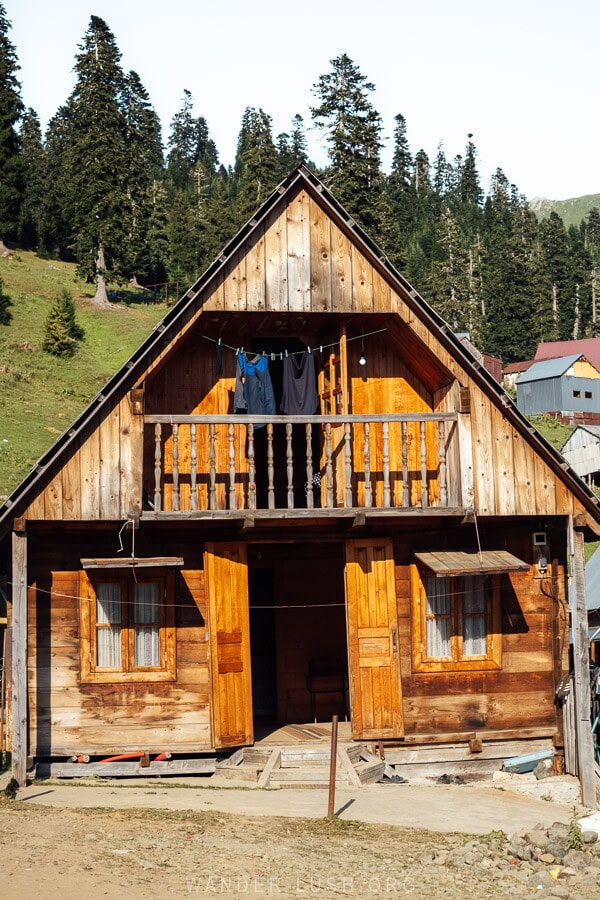 A wooden cottage with two storeys in Bakhmaro.