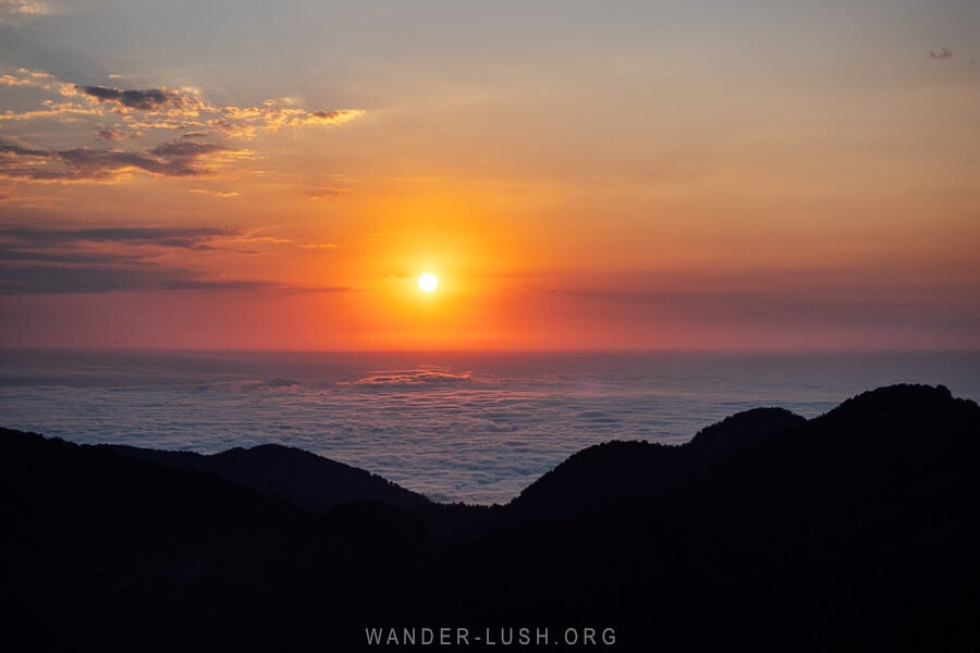 Sunset over a sea of clouds, as seen from Bakhmaro in Guria, Georgia.