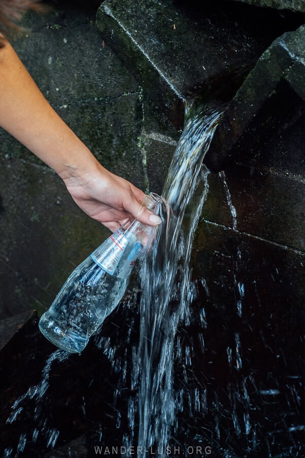 Mineral water flows out of a fountain in Nabeghlavi, Georgia.