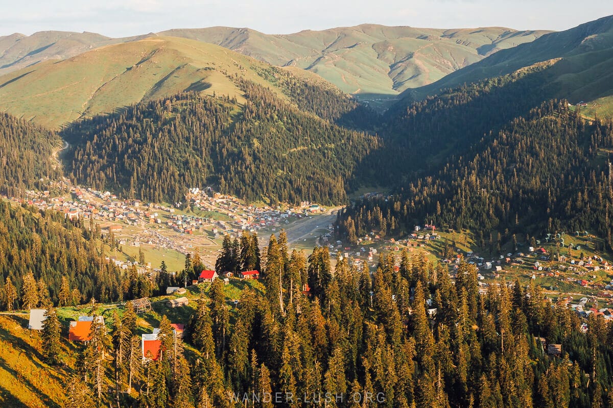 Bakhmaro, an alpine resort with little wooden cottages surrounded by pine and fir forests in the mountains of Guria, Georgia.