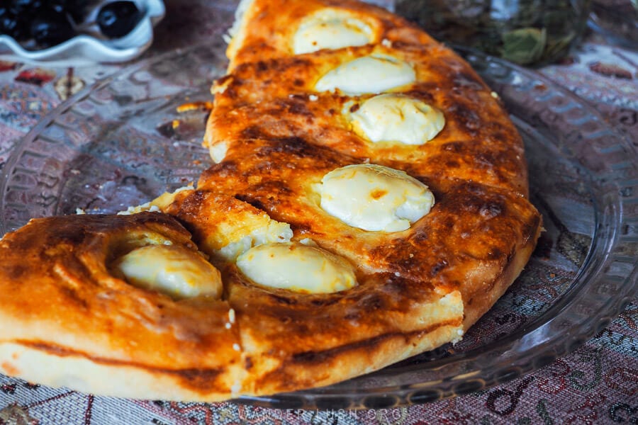 A Gurian khachapuri bread pie stuffed with cheese and boiled eggs.