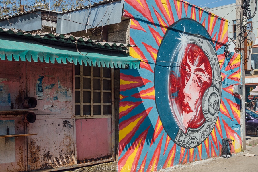 Street art in Ozurgeti, Georgia - colourful mural at the Ozurgeti market.