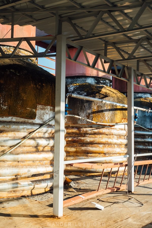 Old beer brewing equipment on the roof of a brewery restaurant in Ozurgeti, Guria.