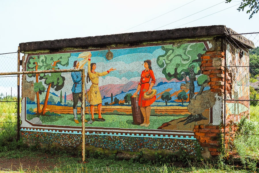 A Soviet-era bus stop in Guria decorated with brightly coloured mosaics.