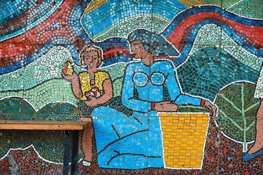 Closeup of a vivid Soviet-era mosaic in the Gurian village of Gurianta.