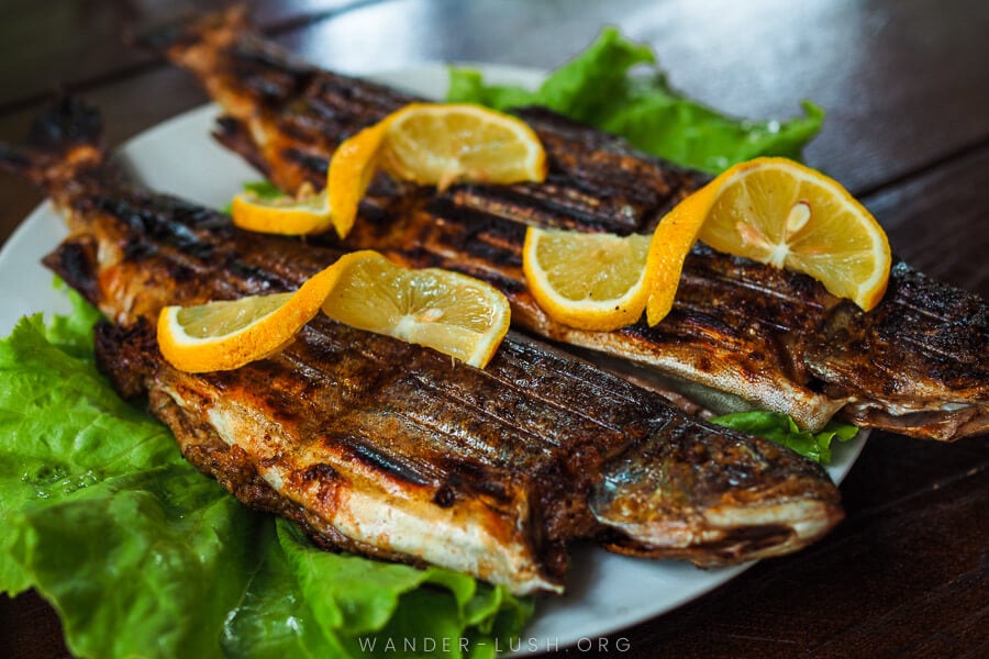 A plate of fresh-cooked trout garnished with slices of lemon.