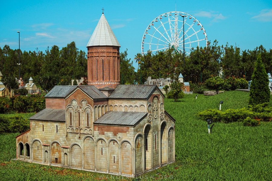 Small versions of Georgia's major landmarks dotted around green lawans in Shekvetili Miniature Park.