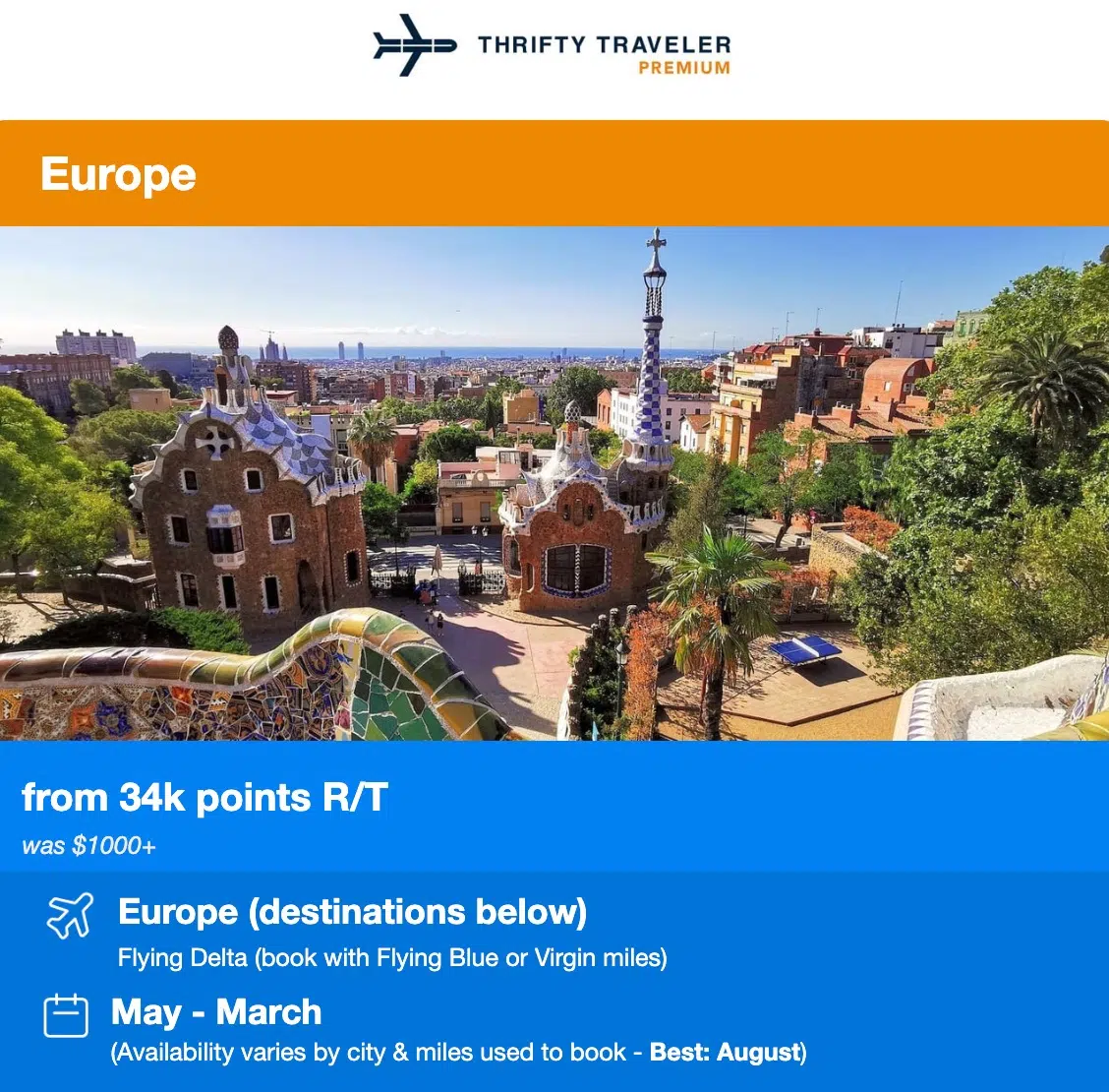 Thrifty Traveler Premium Delta economy award flight deal to Europe