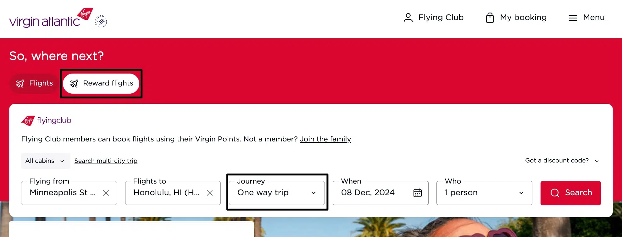 Virgin Atlantic search page