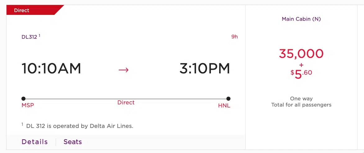 Virgin Delta MSP-HNL search results