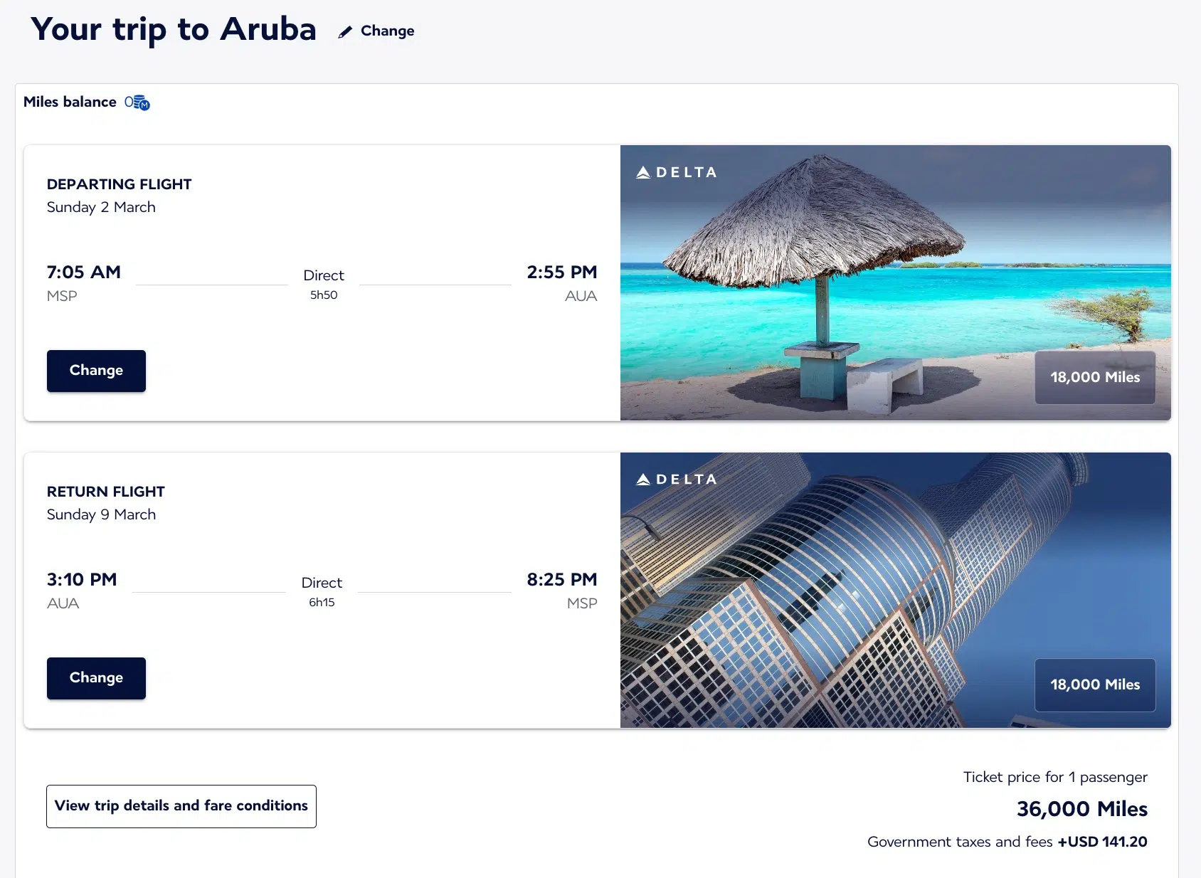 MSP-AUA Flying Blue Delta roundtrip award ticket 