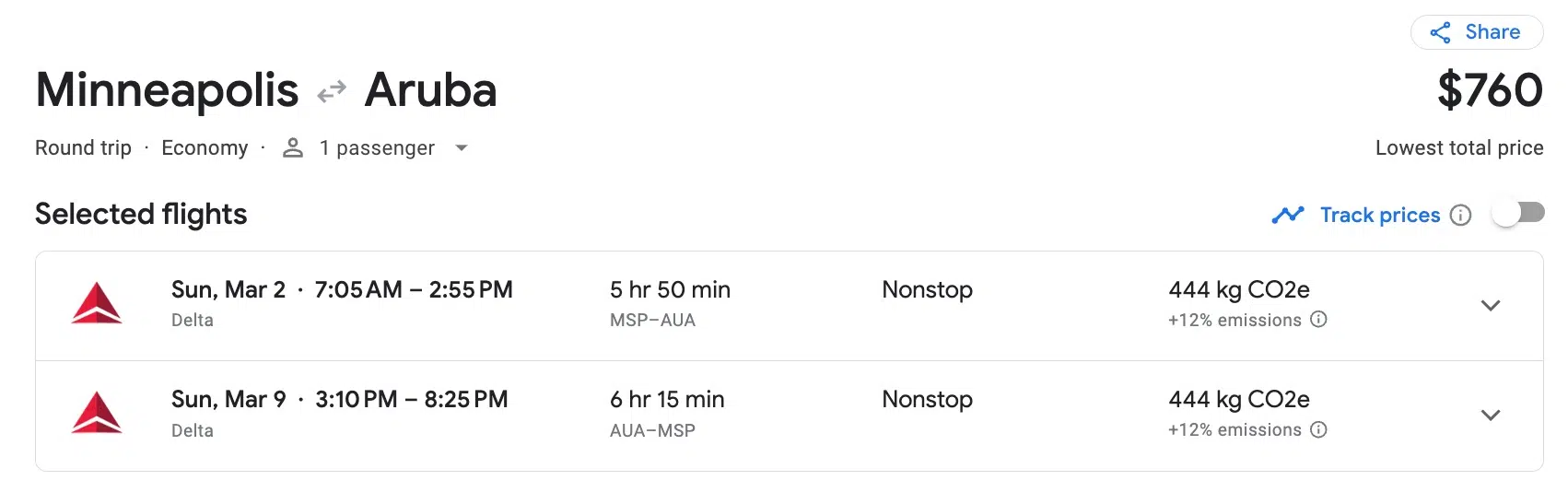 MSP-AUA Delta Google Flights search