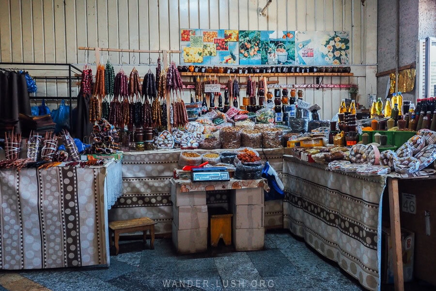 Dinamo Market in Tbilisi, an undercover food market with spices and churchkhela.