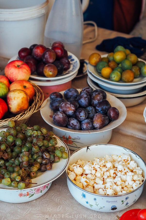 Tubs of snacks on the table at a bar inside the Dezerter Bazaar in Tbilisi.