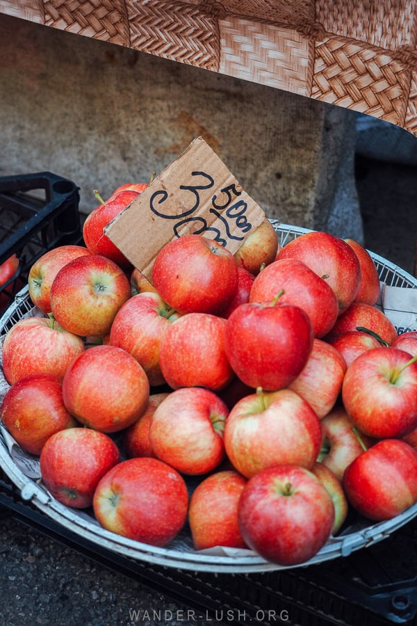 A bowl of red apples for sale at the Dezerter Bazaar in Tbilisi.