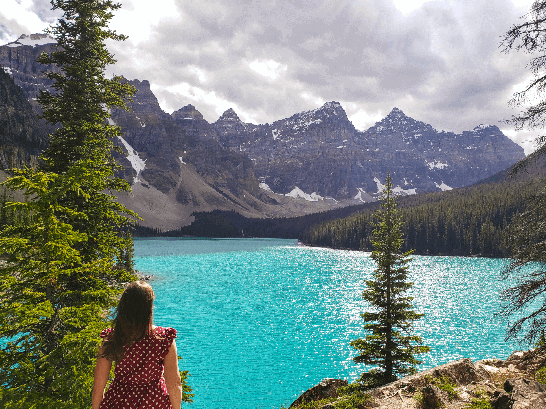 Emma from Forever Lost in Travel at Moraine Lake, Alberta, Canada