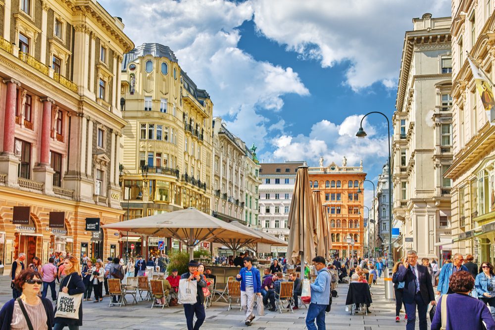 Cityscape views of one of Europe's most beautiful town- Vienna. Peoples on streets, urban life in Vienna Austria