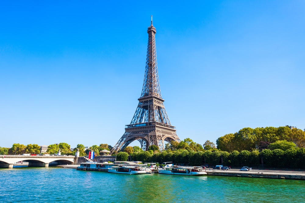 The Eiffel Tower with the river Seine in the front.