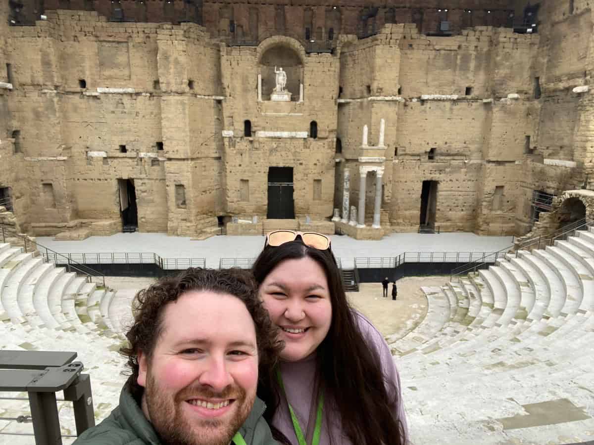 Colin and Riana taking a selfie inside the Roman Theatre in Orange, France 