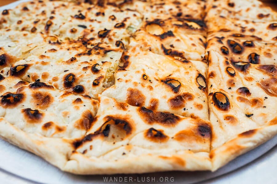 A thin lakror pie served at a restaurant in Korca, Albania.