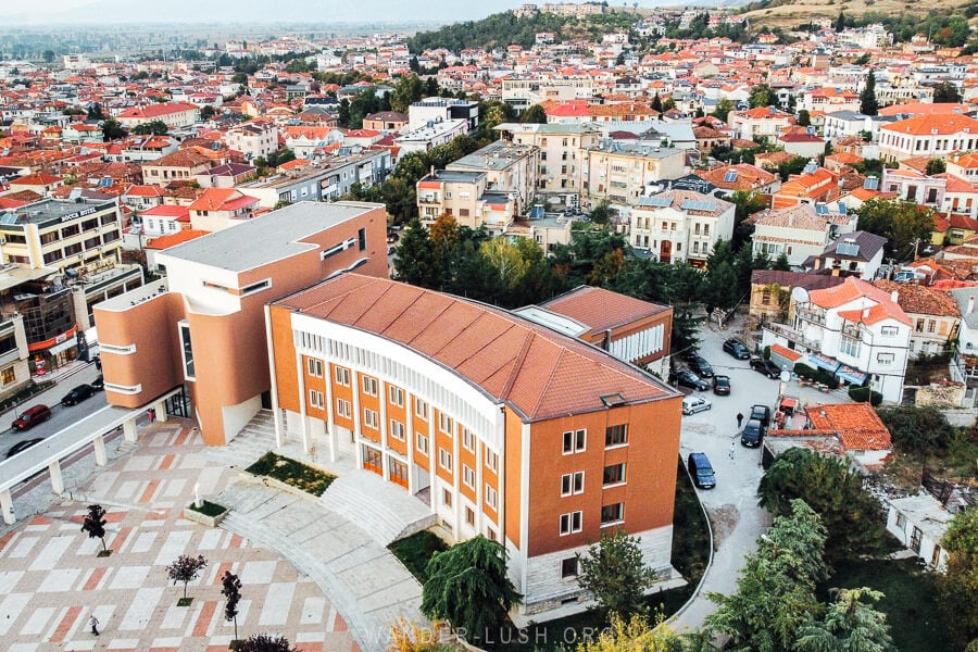 An aerial view of the first bank in Albania, Bank of Korce.