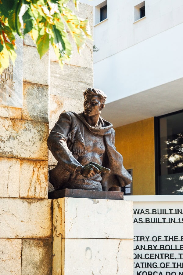 A statue commemorates the former Church of St George in Korca, Albania.