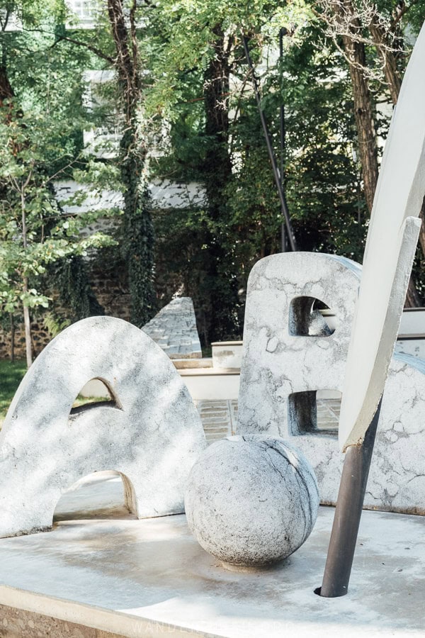 An alphabet sculpture outside the Albanian Education Museum in Korca.