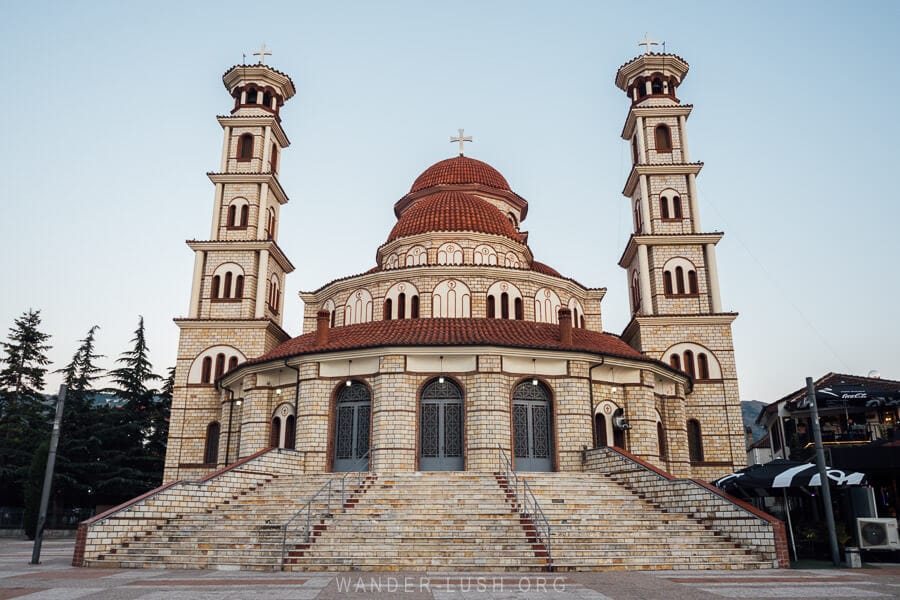 The Resurrection of Christ Cathedral, a giant Greek-style Orthodox church in Korca, Albania.