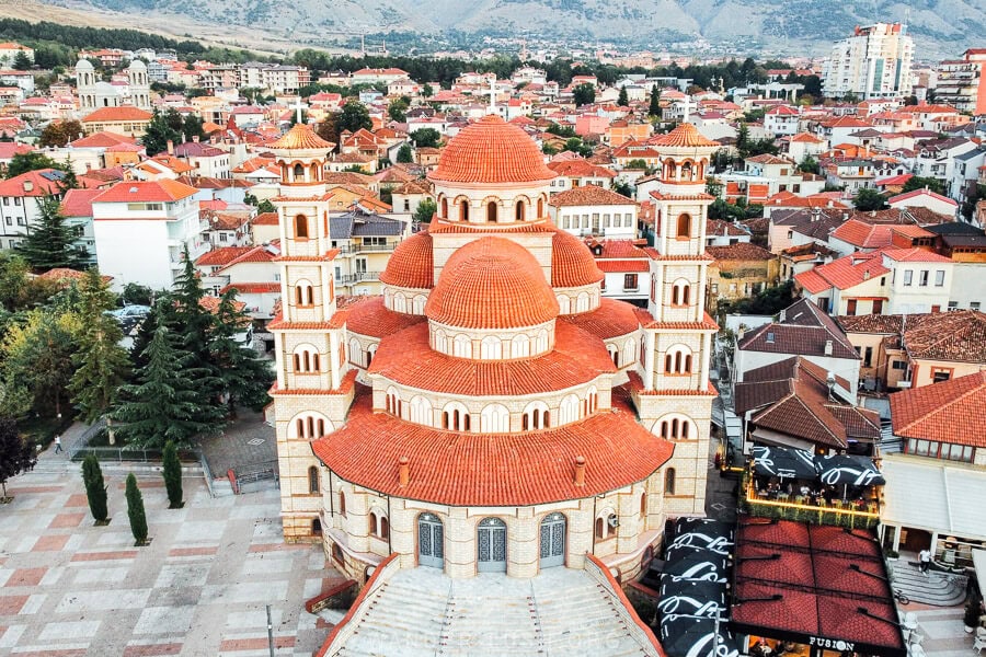 Aerial view of Korca Cathedral, a huge Orthodox church in Southern Albania.