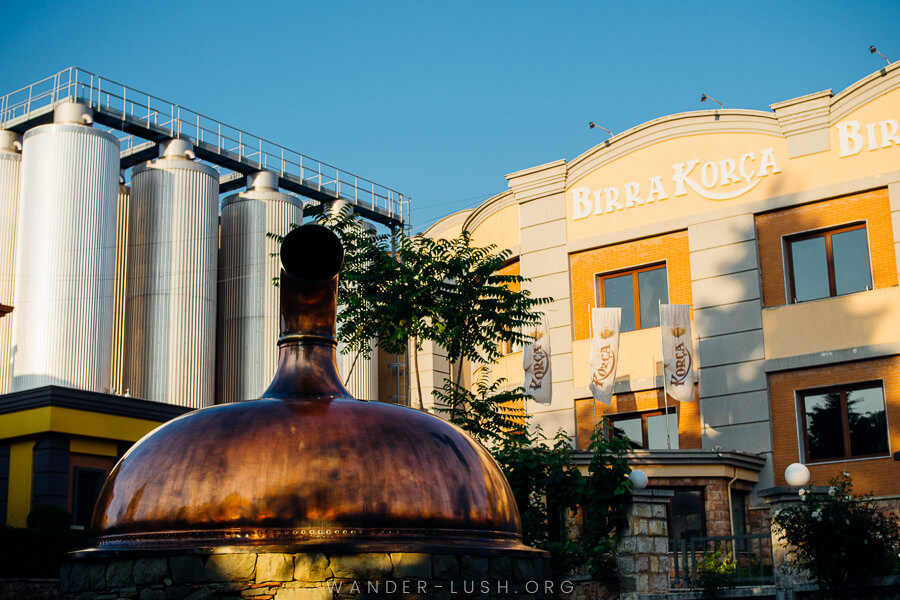 A peach-coloured brewery in Korca, Albania.