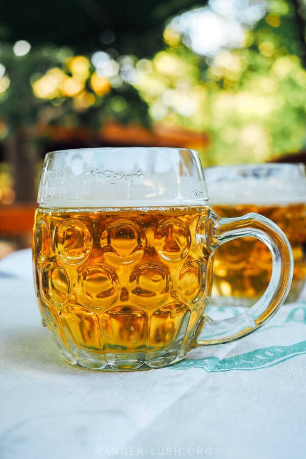 A mug of beer on a table at the brewery in Korca.