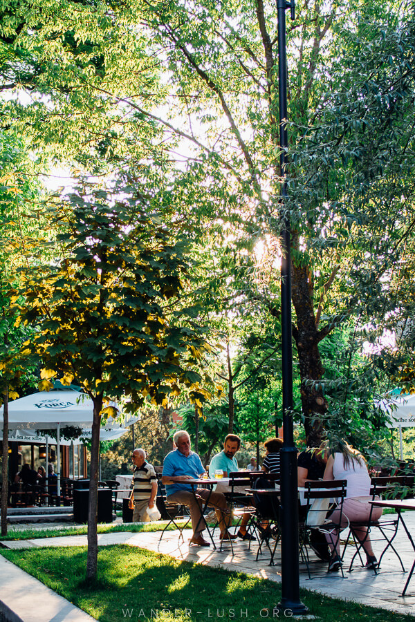 People sit in a leafy beer garden in Korca.