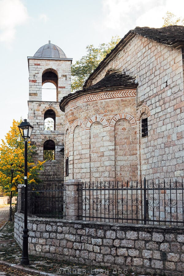 A Byzantine church with a bell tower in Voskopoja, Albania.