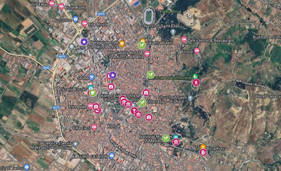 A map of things to do in Korca, Albania.