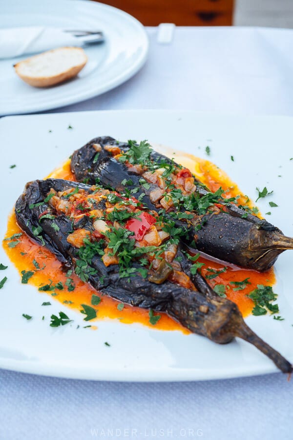 Stuffed eggplants on a restaurant table in Permet.