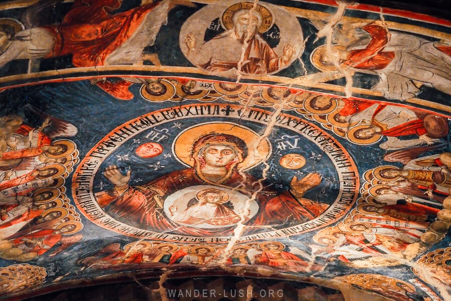 An intricately painted ceiling at the Leus Church near Permet.