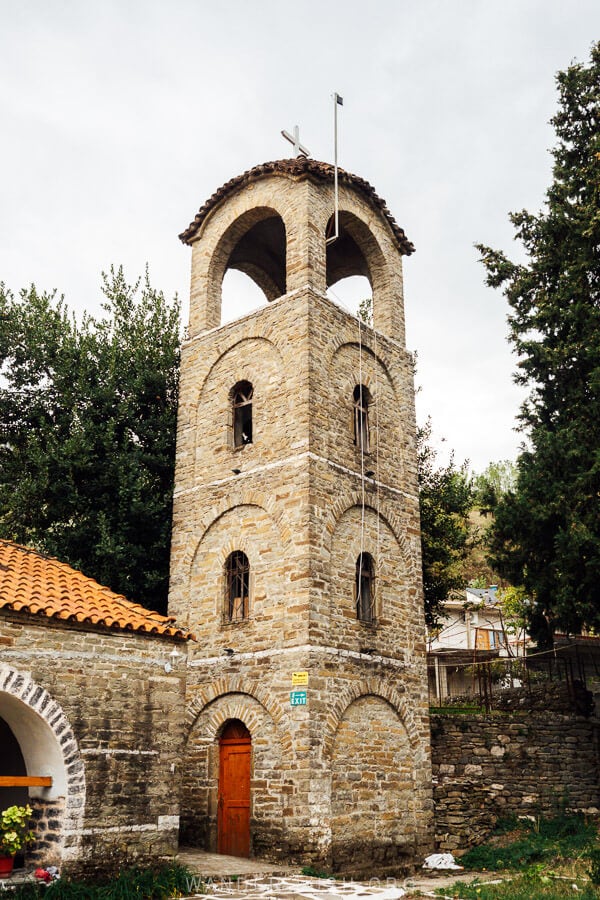 A stone bell tower at St Nicholas Church in Permet, Albania.