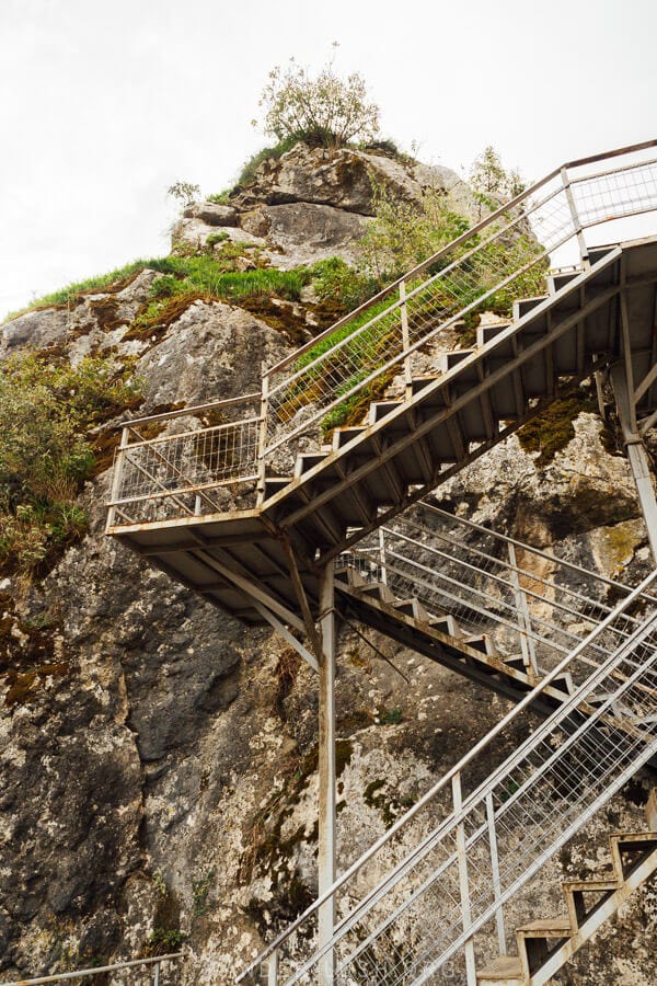 A set of stairs leads to the top of the Permet City Stone in Albania.