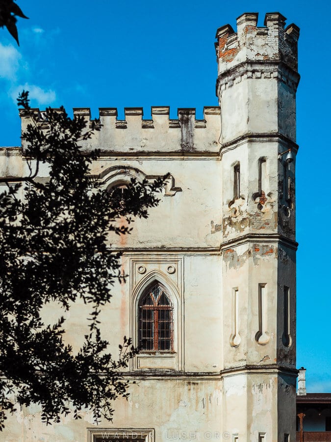 A white tower, part of the Dadiani Palace in Zugdidi.